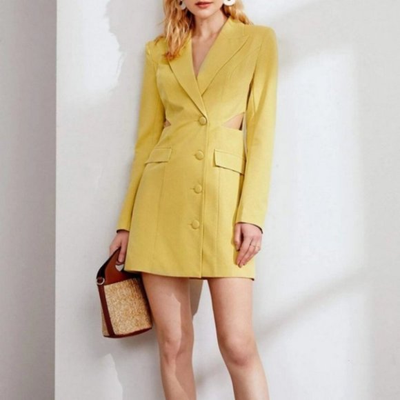 side cut out buttoned blazer dress chic classy elegant fall winter trend yellow - Picture 2 of 7